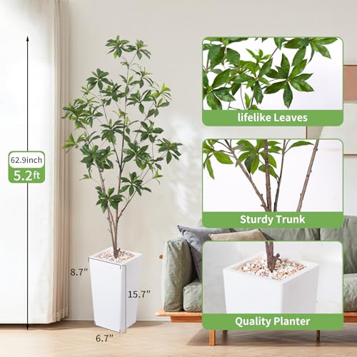 HAIHONG Artificial Brave Ficus Tree 5FT-Faux Tree with White Tall Planter-Fake Potted Tree with Silk Leaves-Tall Artificial Plants for Home Office Living Room Hallway Decor Indoor