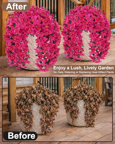 Artificial Flowers for Outdoors – 2 Bundles of UV-Resistant Artificial Bougainvillea, Realistic Silk Flowers for Front Porch, Patio, Garden, Window Boxes & Hanging Baskets (Hot Pink, 2) - color: Hot Pink, size: 2 Bundles