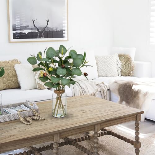 Briful Artificial Eucalyptus Stems in Glass Vase with Faux Water, 14" Fake Plant Olive Leaves for Home Office Farmhouse Wedding Centerpiece Décor - color: Darkolivegreen