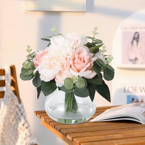 Lifelike Artificial Flower Arrangements with 4 Roses + 4 Peonies in Glass Vase with Faux Water for Wedding & Home Table Centerpieces - color: Peony & Rose With Faux Water, size: Pink