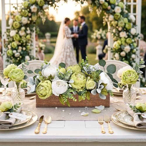 Summer Flower Centerpieces for Table Dining Room Pre-Made Artificial Peony Table Decorations Wood Tray with Fake Flowers for Wedding Living Room Party Bar Kitchen Table(Green White) - color: Green & White