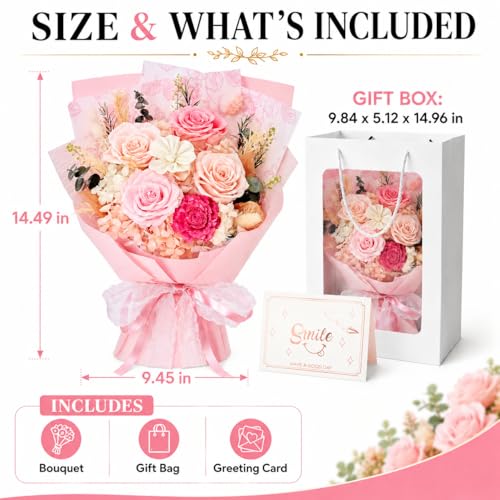 Pink Preserved Flowers Bouquet, Eternal Real Flower for Women Real Roses That Last 3 Years Handmade Floral Arrangement for Mother's Day Birthday Gifts Anniversary Surprise for Mom Women Her - color: Pink