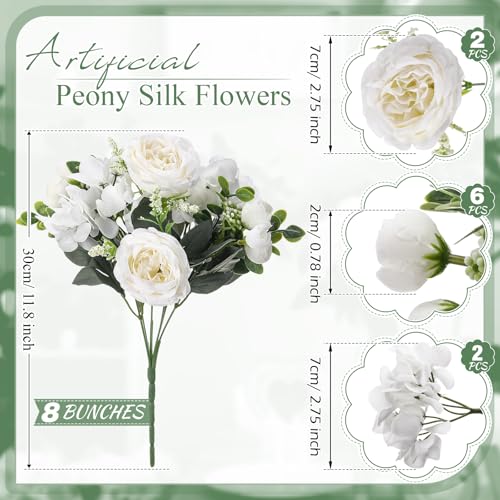 Yunsailing 8 Packs Artificial Peony Flowers Faux Silk Hydrangea Bouquet Vintage Wedding Home Table for Door Decor Reusable Bouquet of Rose Flowers for Wedding Birthday Party (Milky White) - color: White, style: Hydrangea