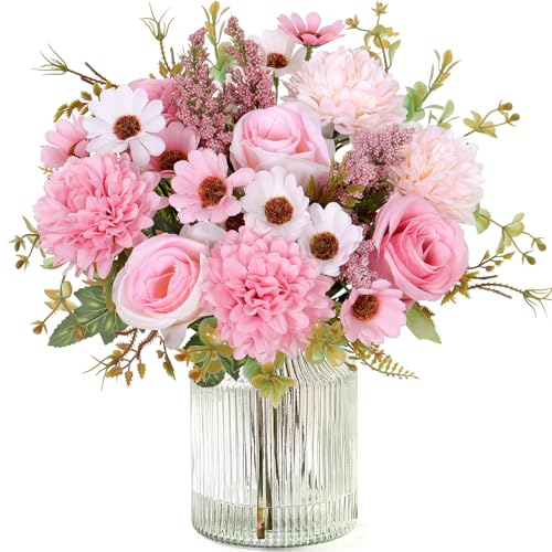 Dremisland Artificial Flowers Like Real Artificial Bouquet 2 Packs Silk Artificial Roses Bouquet with Daisy Chrysanthemum Pink Flowers for Valentines Day Centerpiece Table Wedding Party Decor - color: Pink, size: 2PCS