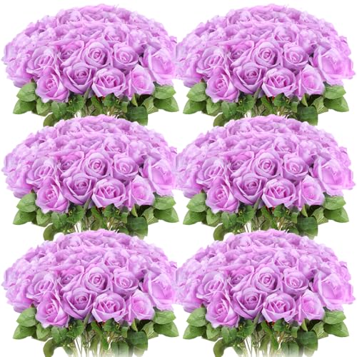 Jexine 50 Pcs Artificial Rose Flower Bulk Realistic Silk Fake Roses with Long Stem Plastic Artificial Flower Bouquet Real Looking for Home Wedding Centerpieces Party Decoration(Light Purple) - color: Light Purple