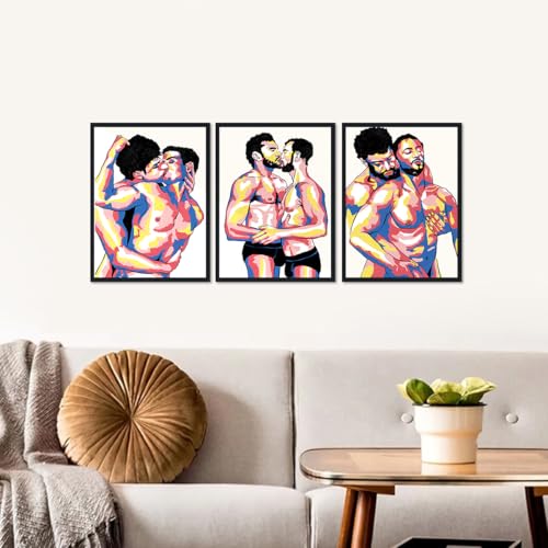 Gay Man Triptych Canvas Wall Art Male Couple Kiss Hug Posters Abstract Love LGBTQ Adult Men Prints Artwork Wall Decor for Apartment Bedroom Bathroom Hotel Bar Framed Ready to Hand 12x16inchx3pcs - color: Art08, size: 12x16x3Pcs Black Framed