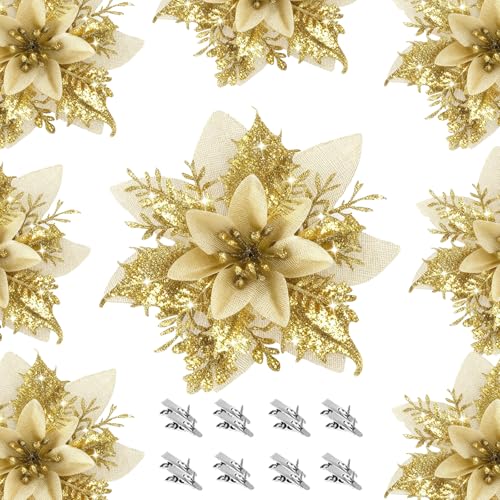 16Pcs Gold Poinsettia Flowers Artificial Christmas Flowers Decorations with Clips, Glitter Poinsettia Christmas Decorations for Xmas Tree Ornaments Winter Party Wreath Decor - size: 16PC Gold Poinsettia