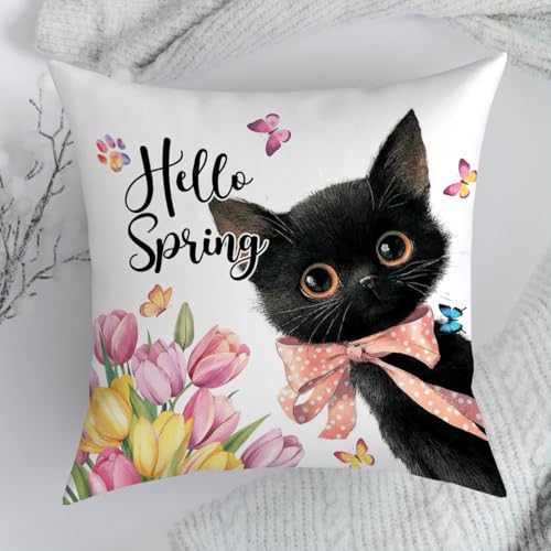 Fokongna Hello Spring Black Cat Pillow Covers 18 x 18 Inch, Cats Lovers Lady Gifts Cat Elder ister, Younger Sister, Mother Gifts, Floral Cats Decorative Pillow Covers Spring Summer Couch Pillowcase - color: Hello Spring