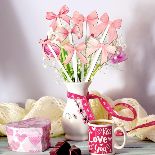 TICIAGA Pink Bow Wooden Picks - 14PCS Pink Bow Tie Double-Sided Wooden Decorative Pick for Home Cute Vase Filler Wooden Bow Tie Decorative Pick for Farmhouse Decor Bow Tie Theme Decorations for Home - color: Pink Bow