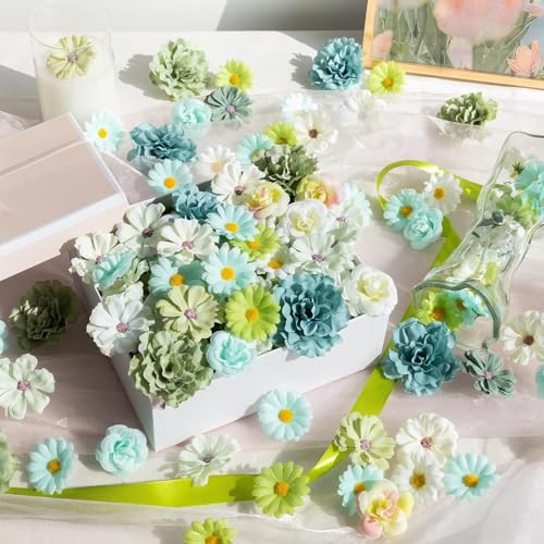ATTGREAT 310 Pcs Fake Flower Heads Mini Artificial Flower Bulk Silk Flowers for Decoration Small Faux Flower Heads Fabric Daisy Buds Floral for Crafts DIY Wedding Party Baby Shower Home Decor, Green - color: Green