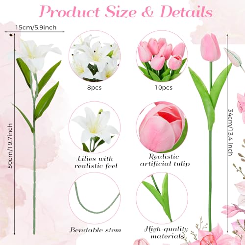 Giegxin 18 Pcs Artificial White Lilies with Pink Tulips, Latex Fake Tiger Lily Bouquet for Spring Home Church Wedding Decorations, Faux Tulips Floral Arrangement - color: White, Pink, style: Lily, Tulips