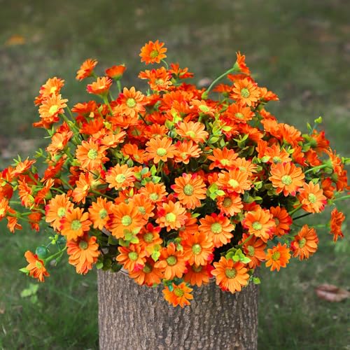 Artificial Mums Fall Fake Flowers for Outdoors, 10 Bundles Faux Mums Autumn Decorations,UV Resistant Silk Flowers Plastic Plants for Outside Front Porch Garden Patio Home Planters Decor (Orange) - color: Orange