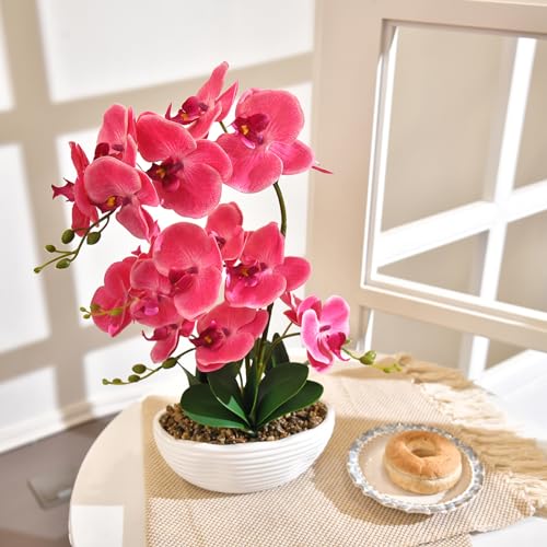 19" H Phalaenopsis Faux Orchid Plant Silk Orchid Centerpiece Artificial Floral Arrangement in Ceramic Pot (Rose Red) - color: Rose Red