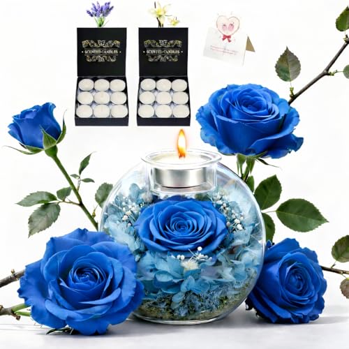 Preserved Real Rose in Glass with Scented Candles for Mom Her Wife Girlfriend Grandma Birthday Anniversary Romantic - color: Zenith Blue