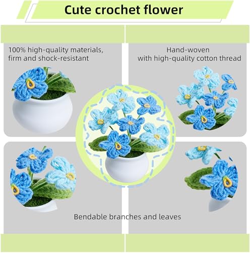 Crochet Flowers Cute Handmade Knitted Potted Gradient Blue Forget Me Not Flower Gifts for Women Teacher Coworkers Thank You Appreciation Gift, Decor for Home Room Dorm Office Desk Accessories - color: Gradient Blue
