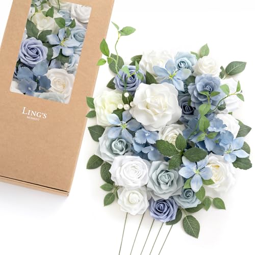 Ling's moment Fake Flowers Box, Faux Artificial Greenery Stems Foam Roses Silk Hydrangea Rose Leaf Fabic Flower for Centerpieces Bouquet Wedding Vase Decorations, Dusty Blue & White, Deluxe Combo - color: Blu-dusty Blue & White, size: Deluxe