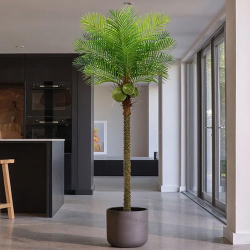 Roselywed Artificial Phoenix Palm Tree 8FT with 15 Leaves & 3 Coconut Fruit & Real Bark Tropical Areca Sago Palm Tall Large Faux Plant 94 Inch Black Pot for Indoor Outdoor Home Poolside Mall Decor - size: 8ft