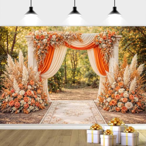5X3ft Floral Photography Backdrop, Retro Flowers Backdrop Dreamlike Wedding Portrait Photo Background Romantic Wedding Birthday Bridal Shower Engagement Party Background Banner Decor, Orange-4 - color: Orange-4, size: 5x3ft