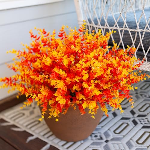 Artificial Fake Fall Autumn Eucalyptus Plants Flowers for Outdoor Outside Decoration, Faux Silk Orange Boxwood Look Real UV Resistant for Home Porch Patio Planter Decor，12 Bundles - color: Orange Eucalyptus