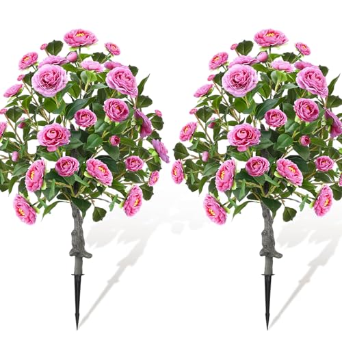 Lunmon 2 Pack 3ft Artificial Camellia Plants Tree 36" Faux Camellia Flower with Spike UV Resistant Realistic Fake Floral Blooming Bush for Indoor Outdoor Front Door Porch Backyard Garden, Purple - color: Purple, size: 3 ft