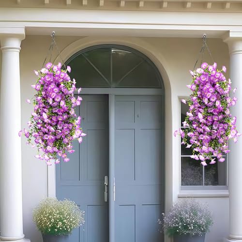 Artificial Flowers Garland 2PCS Purple Artificial Silk Morning Glory Vine Artificial Flowers Hanging Eucalyptus Garland for Wall Fence Arch UV Protected Indoor Outdoor Decor - color: Purple