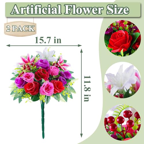 Consevisen Artificial Cemetery Flowers for Grave with Vase, Set of 2 Silk Rose Lily and Red Berry Realistic Memorial Bouquets with Resin Vases, Outdoor Grave Decorations for Headstones