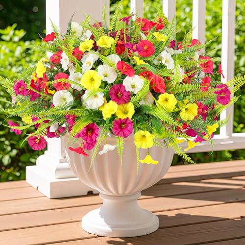 Artificial Flowers for Outdoors 12 Bundles Artificial Petunias Fake Flowers UV Resistant Shrubs Plants with Fern for Indoor Outside Hanging Planters Home Garden Spring Summer Decorations - color: White,magenta, Rose Red,yellow