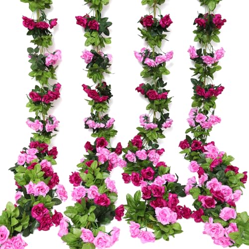 Floweroyal 4 Pack Artificial Flower Garlands 15.8FT Fake Rose Vines Silk Flowers Hanging Rose Ivy for Wedding Arch Party Home Garden Wall Decor (Fuchsia) - color: Fuchsia, size: 4pcs