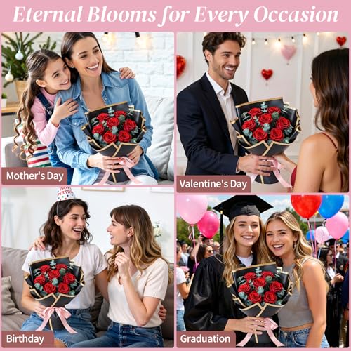 Lewondr Flower for Delivery, Preserved Flowers Bouquet, Red Roses Bouquet, Real Long-Lasting Forever Birthday Flowers Gifts for Her Wife Girlfriend Valentines Day Anniversary Mothers Day, Black-Red - color: Red
