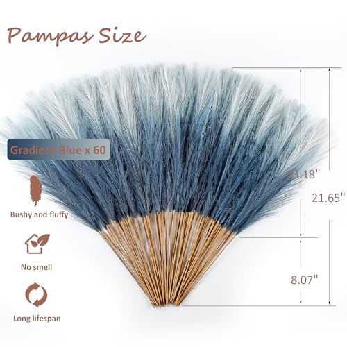 60Pcs Navy Blue Gradient Faux Pampas Grass Decor, 21.7" Pompas Grass Flower Arrangement and Vase Filler for Boho Home Wedding Decoration - size: 21.7'' Tall Navy Blue Gradient