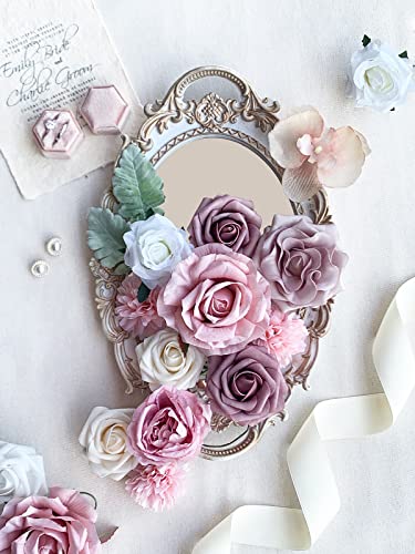FACINOC Roses Artificial Flowers Pink Bouquet Combo Box Set Fake Flower Bulk for DIY Bridal Wedding Shower Decorations Centerpieces for Table Faux Floral Arrangement for Party Home Decor Indoor - color: Dusty Pink, Mauve