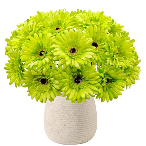 20 Pcs Fake Silk Gerbera Daisy Artificial Flowers with Stems Faux Daisies Flower Bulk for DIY Art Crafts Home Wedding Party Vase Centerpieces Tables Garland Wreath Decoration (Green) - color: Green