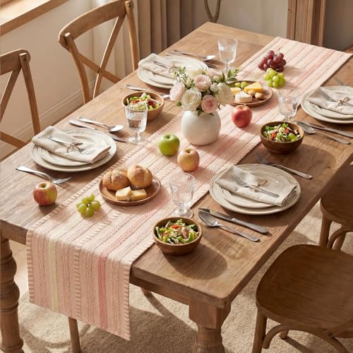 Artoid Mode Pink Farmhouse Woven Table Runner, Seasonal Holiday Rustic Kitchen Dining Table Decoration for Home Party Decor 12x72 Inch - color: Pink, size: 12" x 72", Table Runner