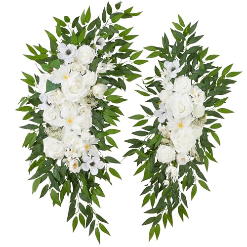 Ting's time Wedding Arch Flower Pack of 2 Artificial Silk Large Flower Swag Wedding Arches for Ceremony Reception Backdrop Floral Decor for Fall Wedding Party Ceremony（White） - color: White