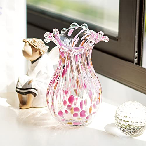 QFkris Handblown Glass Vase, Modern Art Flower Vase with Pink Petal Decorative for Home Decor, 8.5 inch Tall for Living Room Dining Tabletop Centerpiece Statement Office Decoration - color: Pink Bubble