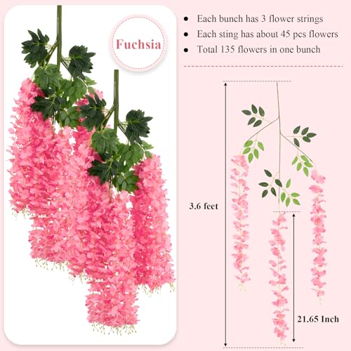 U'Artlines 24 Pack (Total 86.4 Feet) Artificial Fake Wisteria Vine Rattan Hanging Garland Silk Flowers String Home Party Wedding Decor (24, Fuchsia) - color: Fuchsia