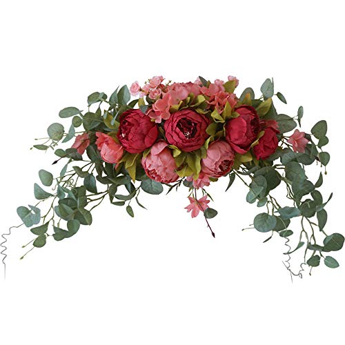 Wedding Arch Flowers, 30 Inch Rustic Artificial Floral Swag for Lintel, Green Leaves Rose Peony Sunflowers Door Wreath Home Decoration - color: Rose Red