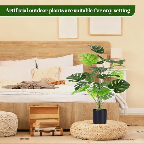 Giegxin 4 Pack Fake Plants 28'' Large Tall Artificial Monstera Faux Potted Tropical Faux Monstera Plants 18 Decorative Split Leaves Sage Green for Indoor Outdoor Front Porch Home Tree Decor