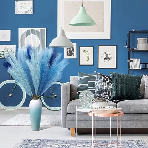 KALYLOC 9Pcs 3FT Colorful Faux Pampas Grass for Boho Decor, Non-Shedding Fluffy Artificial Bulrush, Tall Reed Fluffy Stems Vase Filler Living Room Wedding Decoration (Dark Blue) - color: Dark Blue