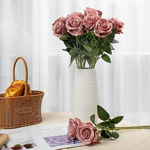 Laelfe Artificial Flowers Dusty Pink Roses Fake Silk Flower Long Stem Artificial Roses for Home Wendding Bathroom Party Decorations - color: Dusty Pink