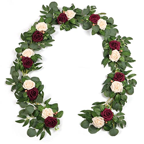 ponatia 6.5FT Handcrafted Artificial Rose Flower Garland, Eucalyptus Greenery Garland for Wedding Ceremony Garlands Backdrop Arch Flowers, Reception Table Decorations (Burgundy & Ivory Cream) - color: Burgundy & Ivory Cream
