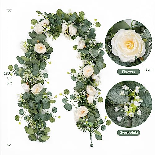 TOCHGREEN 2 Pack 13Ft Artificial Eucalyptus Flower Garland with White Roses, Fake Rose Flower Greenery Garland Floral Vines for Wedding Home Party Table Runner Decor (2PCS, White) - color: White, size: 2PCS