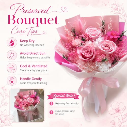 Preserved Pink Rose Bouquet, 100% Real Flowers for Women Mother Wife, Long-Lasting Eternal Roses with Gift Box, Forever Flowers for Anniversary Birthday Mother's Day, Lasts 3-5 Years - color: Soft Pink