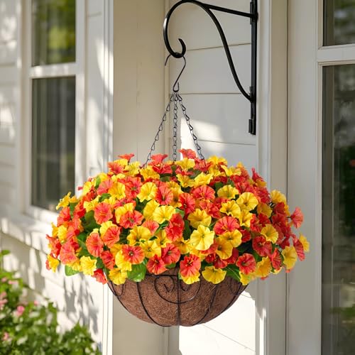 Ammyoo Artificial Hanging Flowers with Basket, Faux Silk Petunias Flower Arrangement, Coconut Lining with Morning Glories Fake Plants Patio Garden Porch Deck Fall Decor(Orange Yellow) - color: Orange and Yellow