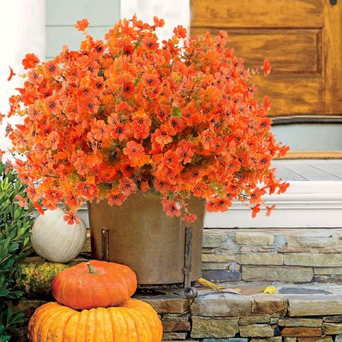 Rowfad 18 Pcs Artificial Mums Flowers Outdoor Plastic Fall Flowers Fake Mums Autumn Greenery Flower for Porch Window Box Farmhouse Thanksgiving Home Decor ((18, Orange) - color: Orange