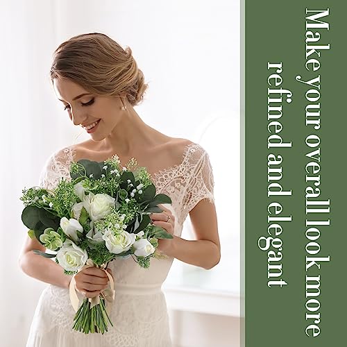 Set of 8 Bridesmaid Bouquets 7 Inch White Wedding Bouquets Faux Flowers Rustic Fake Floral Centerpieces for Bridal Marriage Proposal Party Anniversary Dining Table Ceremony (Eucalyptus)