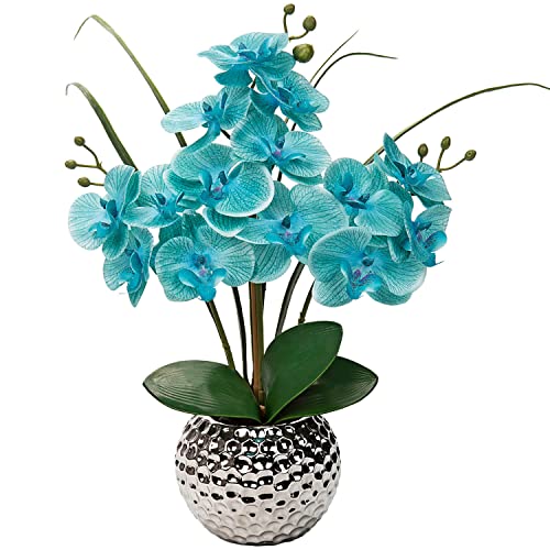 Briful Artificial Orchids Flowers 20'' Teal Blue Faux Orchid Arrangement with Silver Vase Fake Phalaenopsis Silk Orchid for Home Office Living Room Table Decor - color: Teal #005