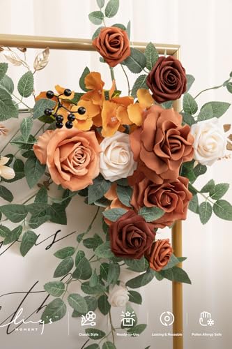 Ling's Moment Wedding Artificial Welcome Sign Flowers Swag Arch Floral Garland Decorations Sunset Terracotta Ceremony Reception Entrance Entryway Party Banquet Easel Wall Home Outdoor NOT Include Sign - color: Sunset Terracotta