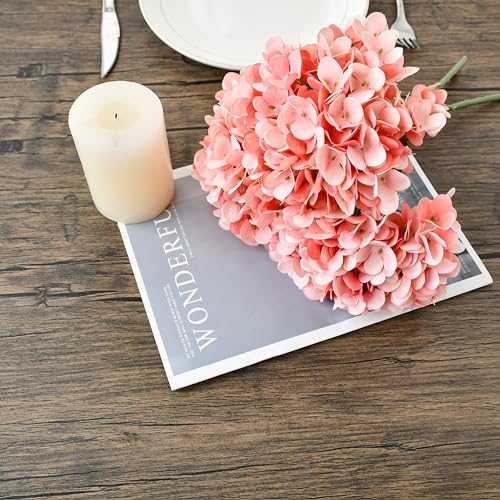 Mandy's 3 Stems Coral Artificial Hydrangea Flowers | 13.7 Inch Realistic Silk Bouquet for Centerpieces Easter , Wedding & Home Decor - color: Coral