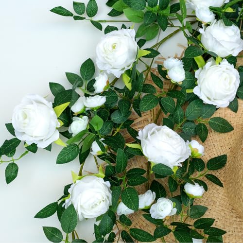 2 PCS 12FT Bendable Flower Garland, Artificial Rose Vine Hanging Floral Garland Decoration for Weding Home Room Wall Decor (White, 2pcs) - color: White, size: 2pcs